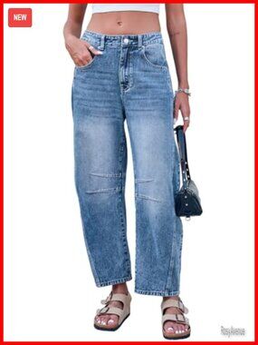 Barrel Jeans Women Mid Rise Stretchy Baggy Wide Leg Ankle Denim Pants